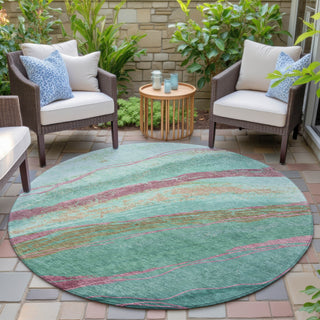 Piper Looms Chantille Swirls ACN2037 Green Machine Washable Area Rug Round Outdoor Lifestyle Image Feature
