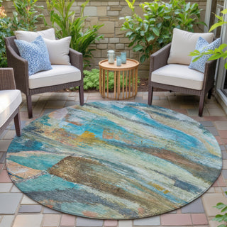 Piper Looms Chantille Abstract ACN2039 Teal Machine Washable Area Rug Round Outdoor Lifestyle Image Feature