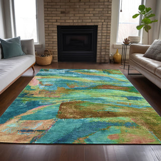 Piper Looms Chantille Abstract ACN2040 Teal Machine Washable Area Rug Lifestyle Image Feature
