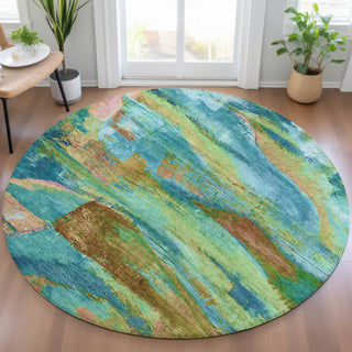 Piper Looms Chantille Abstract ACN2040 Teal Machine Washable Area Rug Round Lifestyle Image Feature
