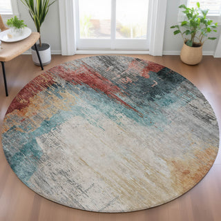 Piper Looms Chantille Abstract ACN2041 Teal Machine Washable Area Rug Round Lifestyle Image Feature