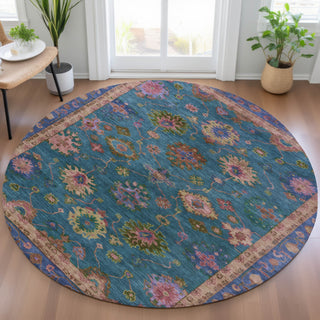 Piper Looms Chantille Global ACN2046 Teal Machine Washable Area Rug Round Lifestyle Image Feature