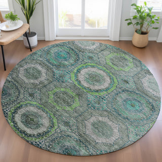 Piper Looms Chantille Panel ACN2050 Teal Machine Washable Area Rug Round Lifestyle Image Feature