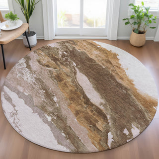 Piper Looms Chantille Abstract ACN2054 Brown Machine Washable Area Rug Round Lifestyle Image Feature