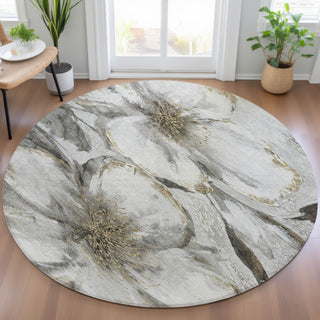 Piper Looms Chantille Floral ACN2055 Silver Machine Washable Area Rug Round Lifestyle Image Feature