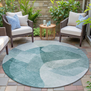 Piper Looms Chantille Abstract ACN2057 Teal Machine Washable Area Rug Round Outdoor Lifestyle Image Feature