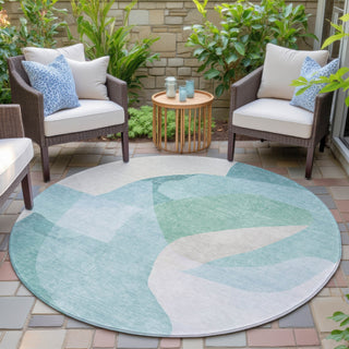 Piper Looms Chantille Abstract ACN2058 Seafoam Machine Washable Area Rug Round Outdoor Lifestyle Image Feature