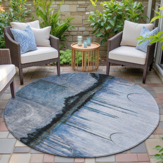 Piper Looms Chantille Abstract ACN2059 Blue Machine Washable Area Rug Round Outdoor Lifestyle Image Feature
