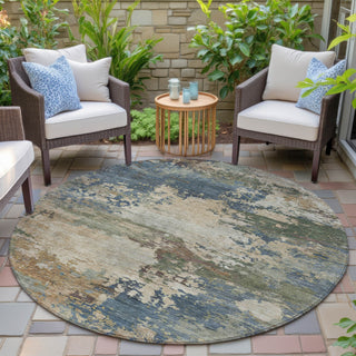 Piper Looms Chantille Abstract ACN2067 Blue Machine Washable Area Rug Round Outdoor Lifestyle Image Feature
