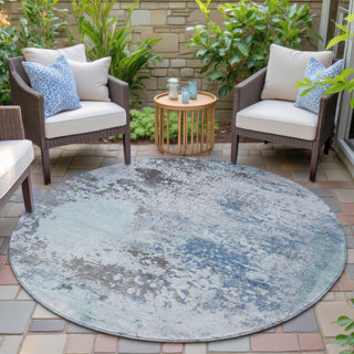 Piper Looms Chantille Abstract ACN2070 Turquoise Machine Washable Area Rug Round Outdoor Lifestyle Image Feature