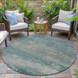 Piper Looms Chantille Abstract ACN2071 Aqua Machine Washable Area Rug Round Outdoor Lifestyle Image Feature