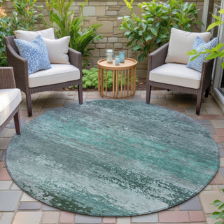 Piper Looms Chantille Abstract ACN2071 Teal Machine Washable Area Rug Round Outdoor Lifestyle Image Feature