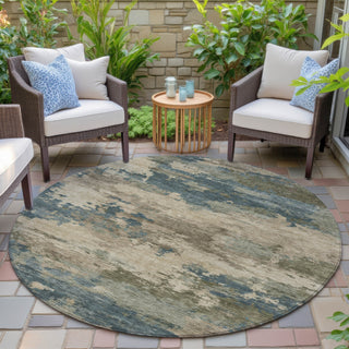 Piper Looms Chantille Abstract ACN2075 Teal Machine Washable Area Rug Round Outdoor Lifestyle Image Feature