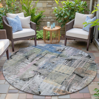 Piper Looms Chantille Abstract ACN2076 Blue Machine Washable Area Rug Round Outdoor Lifestyle Image Feature