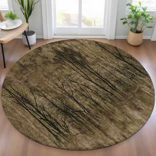 Piper Looms Chantille Floral ACN2083 Brown Machine Washable Area Rug Round Lifestyle Image Feature
