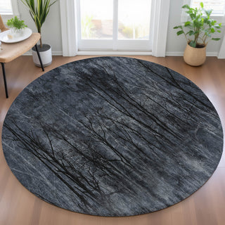 Piper Looms Chantille Floral ACN2083 Charcoal Machine Washable Area Rug Round Lifestyle Image Feature