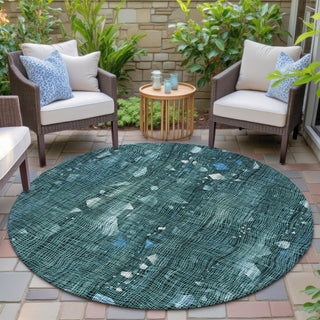 Piper Looms Chantille Abstract ACN2092 Teal Machine Washable Area Rug Round Outdoor Lifestyle Image Feature