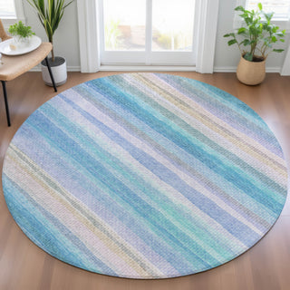 Piper Looms Chantille Stripes ACN2093 Aqua Machine Washable Area Rug Round Lifestyle Image Feature