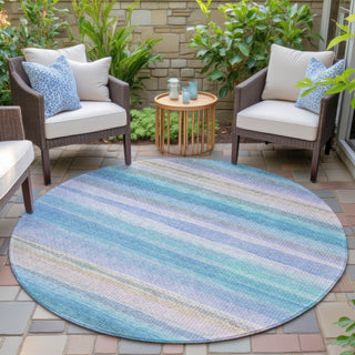 Piper Looms Chantille Stripes ACN2093 Aqua Machine Washable Area Rug Round Outdoor Lifestyle Image Feature