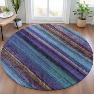 Piper Looms Chantille Stripes ACN2093 Blue Machine Washable Area Rug Round Lifestyle Image Feature
