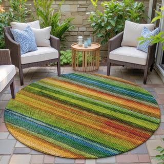 Piper Looms Chantille Stripes ACN2093 Green Machine Washable Area Rug Round Outdoor Lifestyle Image Feature