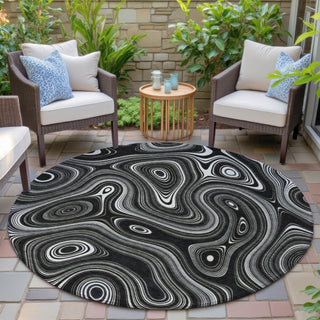 Piper Looms Chantille Geometric ACN2097 Black Machine Washable Area Rug Round Outdoor Lifestyle Image Feature