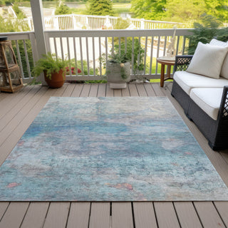 Piper Looms Chantille Abstract ACN2100 Aqua Machine Washable Area Rug Outdoor Lifestyle Image Feature