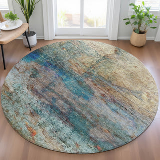 Piper Looms Chantille Abstract ACN2100 Teal Machine Washable Area Rug Round Lifestyle Image Feature