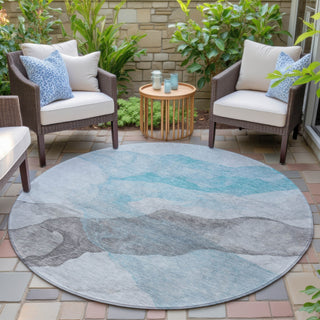 Piper Looms Chantille Abstract ACN2109 Teal Machine Washable Area Rug Round Outdoor Lifestyle Image Feature