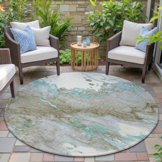 Piper Looms Chantille Abstract ACN2110 Teal Machine Washable Area Rug Round Outdoor Lifestyle Image Feature
