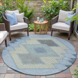 Piper Looms Chantille Geometric ACN2111 Denim Machine Washable Area Rug Round Outdoor Lifestyle Image Feature
