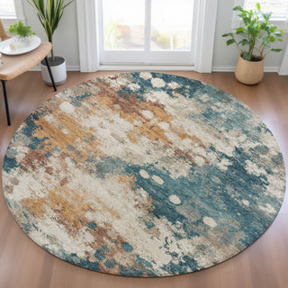Piper Looms Chantille Abstract ACN2114 Teal Machine Washable Area Rug Round Lifestyle Image Feature