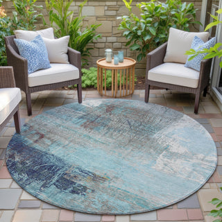 Piper Looms Chantille Abstract ACN2117 Teal Machine Washable Area Rug Round Outdoor Lifestyle Image Feature