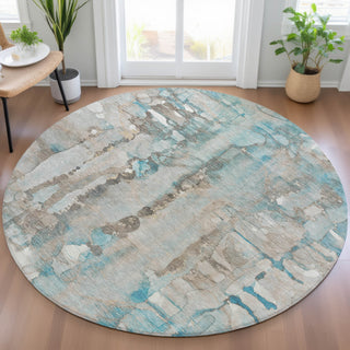 Piper Looms Chantille Abstract ACN2120 Teal Machine Washable Area Rug Round Lifestyle Image Feature