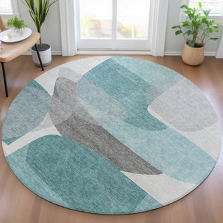Piper Looms Chantille Blocks ACN2121 Teal Machine Washable Area Rug Round Lifestyle Image Feature