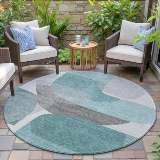 Piper Looms Chantille Blocks ACN2121 Teal Machine Washable Area Rug Round Outdoor Lifestyle Image Feature