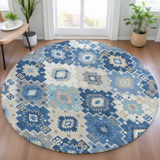 Piper Looms Chantille Ethnic ACN2123 Blue Machine Washable Area Rug Round Lifestyle Image Feature