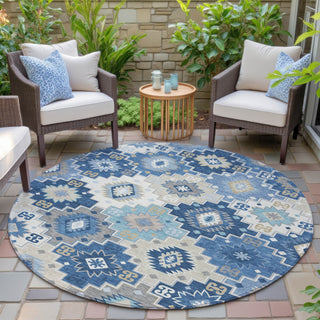 Piper Looms Chantille Ethnic ACN2123 Blue Machine Washable Area Rug Round Outdoor Lifestyle Image Feature
