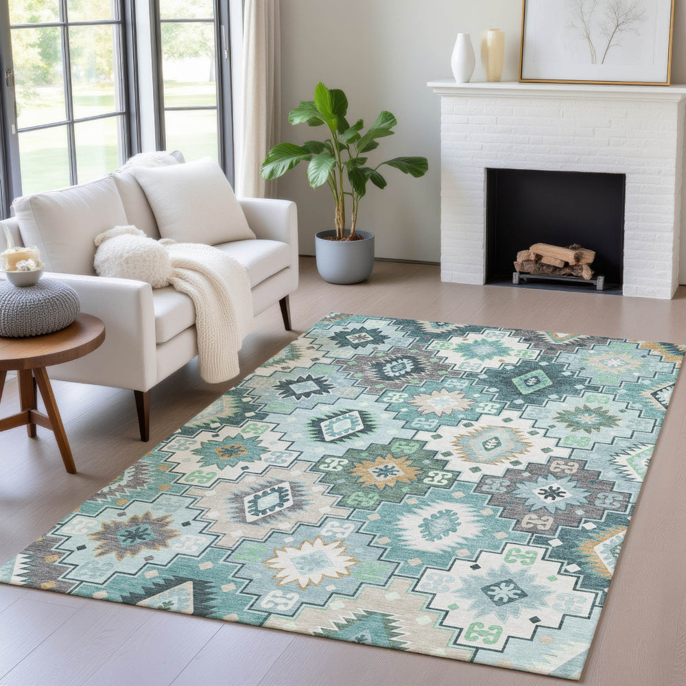 Piper Looms Chantille Ethnic ACN2123 Teal Machine Washable Area Rug Lifestyle Image Feature