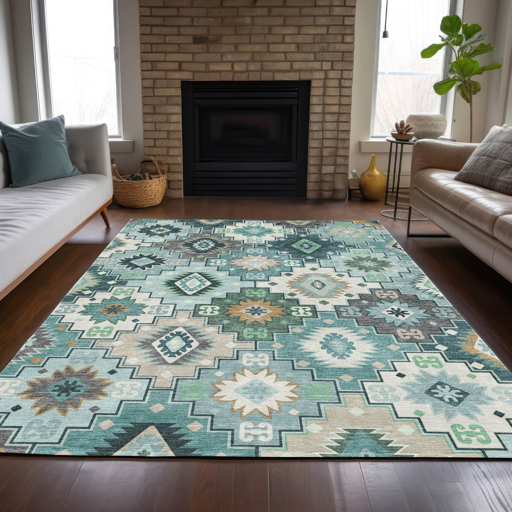 Piper Looms Chantille Ethnic ACN2123 Teal Machine Washable Area Rug Lifestyle Image Feature