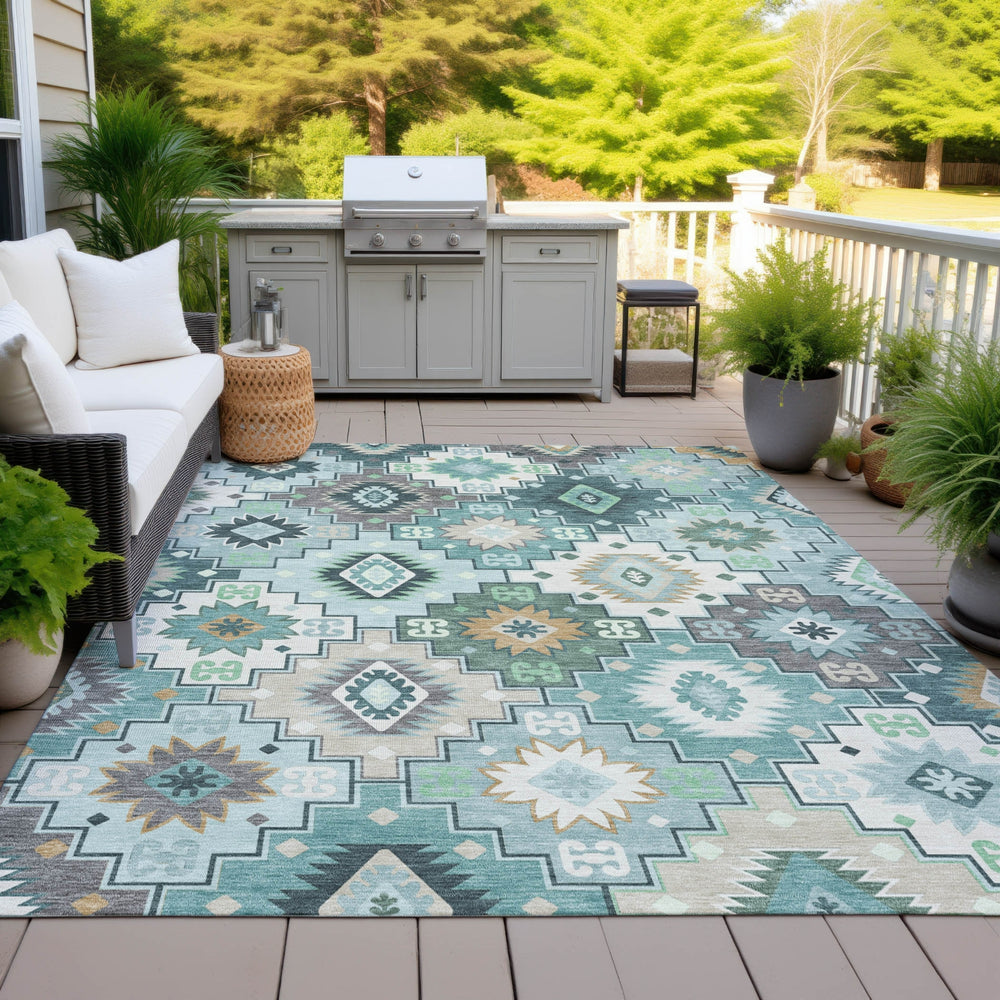 Piper Looms Chantille Ethnic ACN2123 Teal Machine Washable Area Rug Outdoor Lifestyle Image Feature