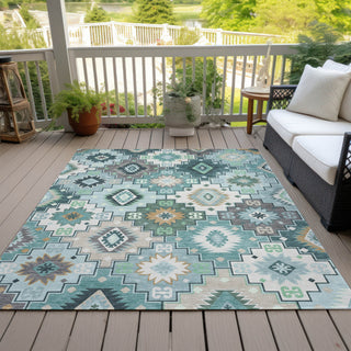 Piper Looms Chantille Ethnic ACN2123 Teal Machine Washable Area Rug Outdoor Lifestyle Image Feature