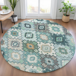Piper Looms Chantille Ethnic ACN2123 Teal Machine Washable Area Rug Round Lifestyle Image Feature