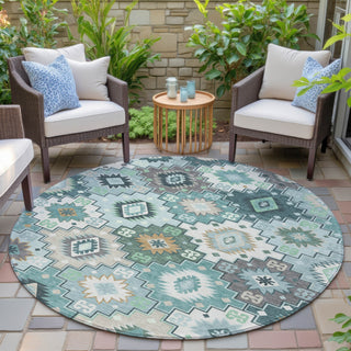 Piper Looms Chantille Ethnic ACN2123 Teal Machine Washable Area Rug Round Outdoor Lifestyle Image Feature