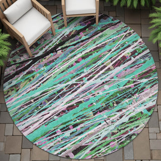 Piper Looms Chantille Stripes ACN2125 Teal Machine Washable Area Rug Round Outdoor Lifestyle Image Feature