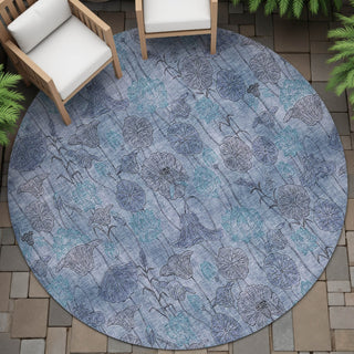 Piper Looms Chantille Floral ACN2128 Blue Machine Washable Area Rug Round Outdoor Lifestyle Image Feature