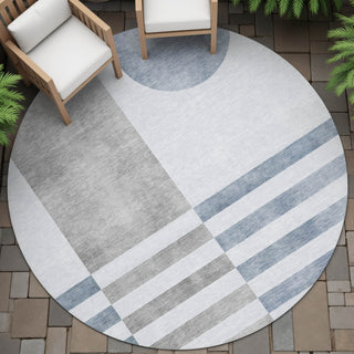 Piper Looms Chantille Geometric ACN2131 Blue Machine Washable Area Rug Round Outdoor Lifestyle Image Feature