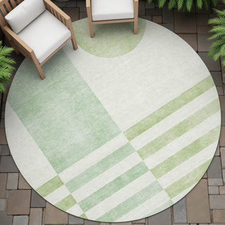 Piper Looms Chantille Geometric ACN2131 Green Machine Washable Area Rug Round Outdoor Lifestyle Image Feature