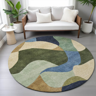 Piper Looms Chantille Abstract ACN2141 Green Machine Washable Area Rug Round Lifestyle Image Feature