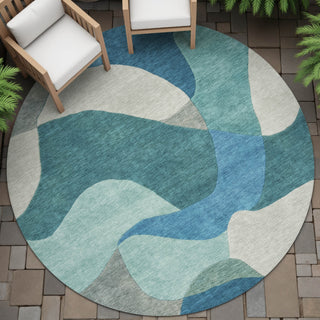 Piper Looms Chantille Abstract ACN2141 Teal Machine Washable Area Rug Round Outdoor Lifestyle Image Feature